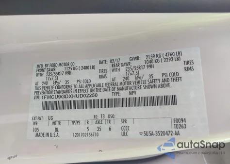 2017 Ford Escape Se from USA, damaged, VIN 1FMCU9GDXHUD02250